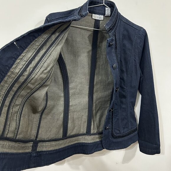 CHICO'S Jacket Sz 1 Black Velvet Lace Trim Stretch Denim Flared Waist Buttons - Picture 8 of 12